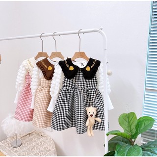 Set váy dạ kẻ kèm gấu xinh