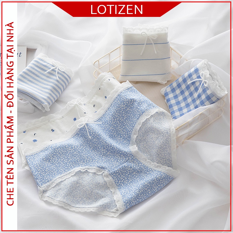 Quần lót nữ cotton màu xanh trắng họa tiết hoa nhí cute 308