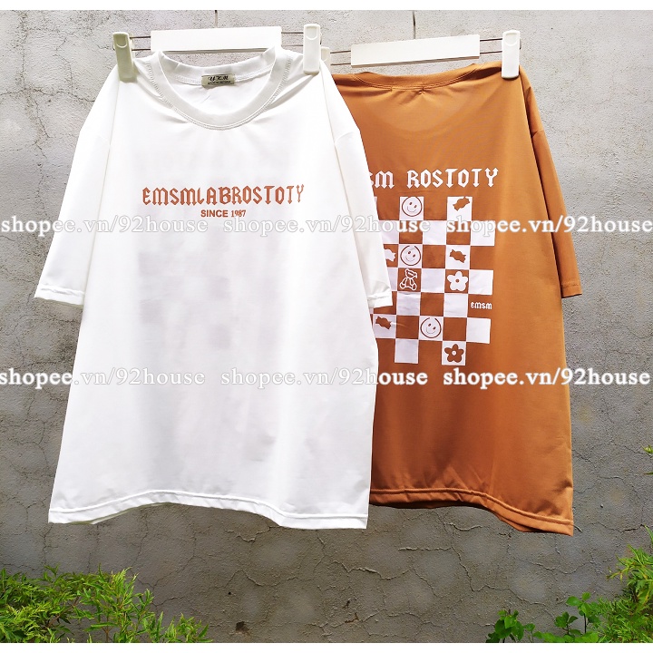 Áo phông phom rộng tay lỡ bàn cờ gấu teddy áo thun cổ tròn tay ngắn