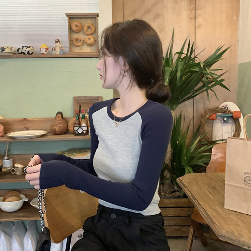 Áo Thun Croptop Tay Dài Màu Sắc Tương Phản Thời Trang Mùa Thu