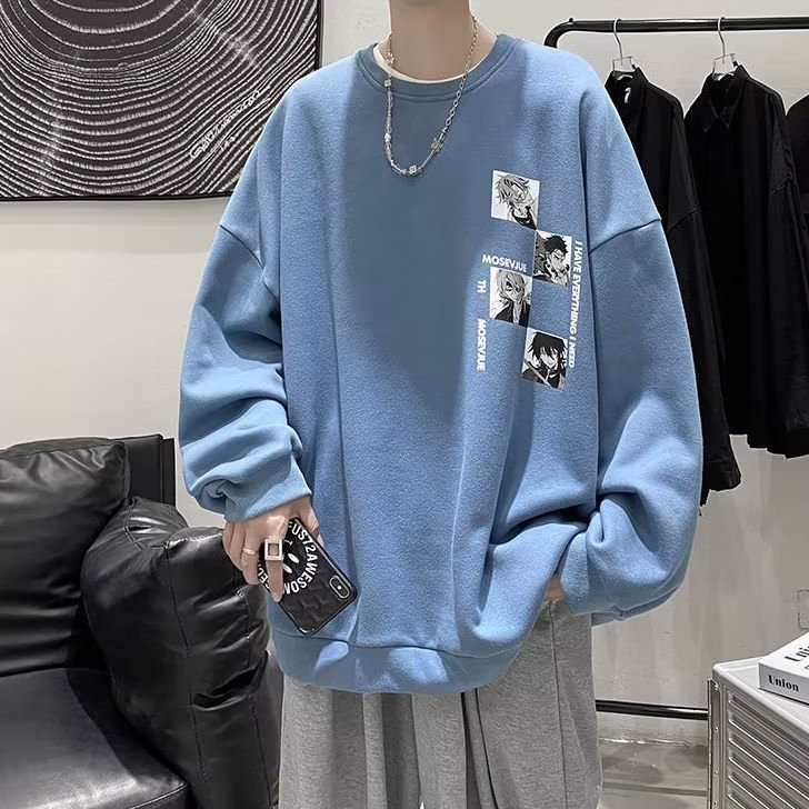 Áo Sweater Tay Dài Dáng Rộng In Hình Anime Màu Trắng Đen Thời Trang Mùa Thu Cho Nam Và Nữ