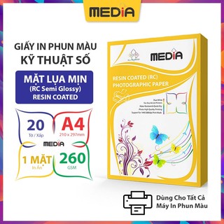 Giấy In Ảnh Cao Cấp Media Resin Coated (RC Semi Glossy) 1 Mặt Siêu Bóng Lụa A4 260gsm 20 Tờ, Dùng Cho Tất Cả Máy In Phun