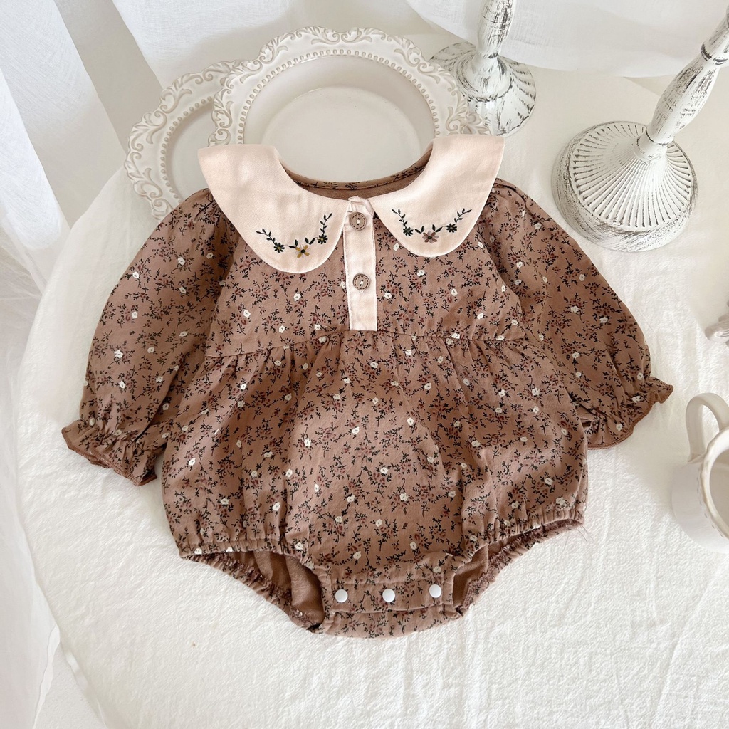 Áo Liền Quần Tam Giác Tay Dài Cổ Búp Bê Thêu Hoa Phong Cách Phương Tây Thời Trang Xuân Thu Cho Bé Gái