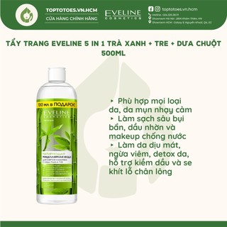 Nước tẩy trang Eveline 5in1 Trà xanh + Tre + Dưa chuột cho da dầu mụn, nhạy cảm