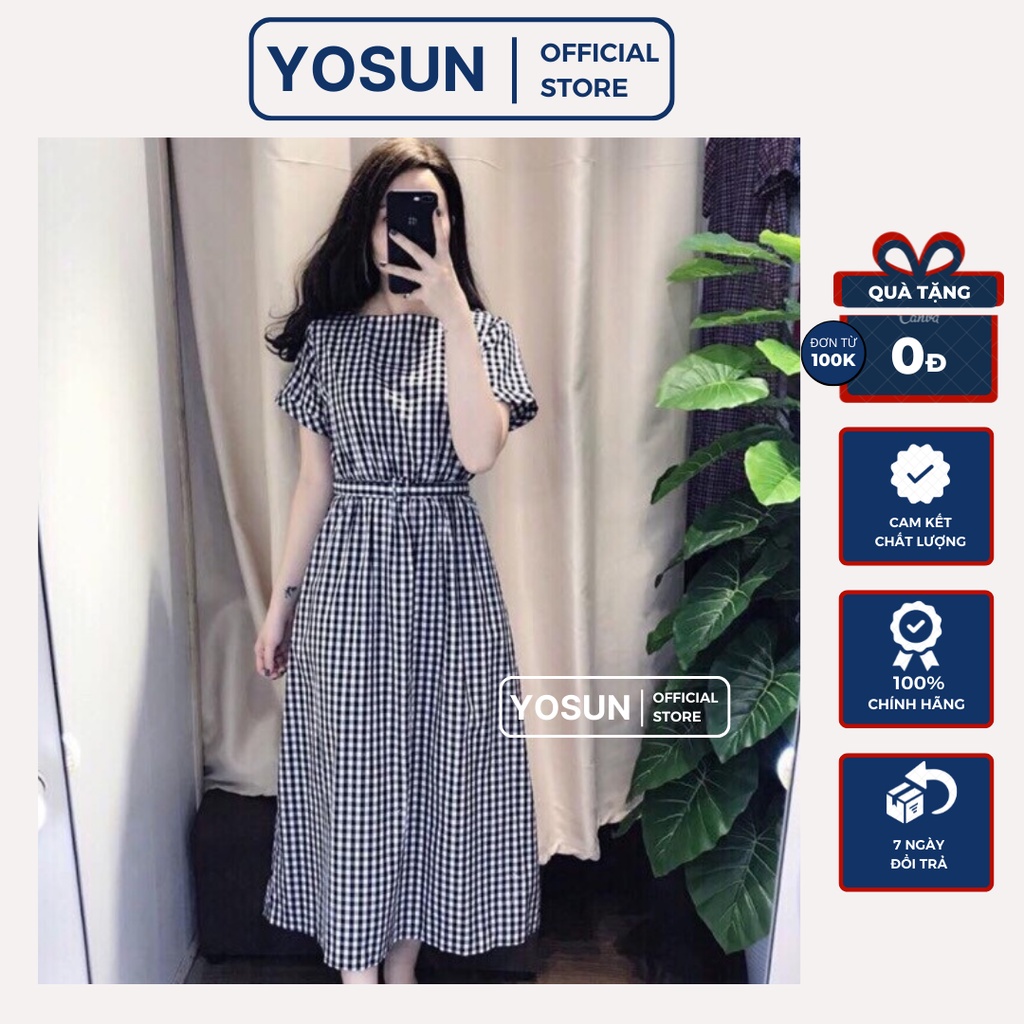 Đầm Nữ Công Sở Họa Tiết Caro Cổ Tròn Kèm Belt Thanh Lịch, Váy Nữ Dự Tiệc Tay Ngắn Thục Nữ Màu Trắng Đen