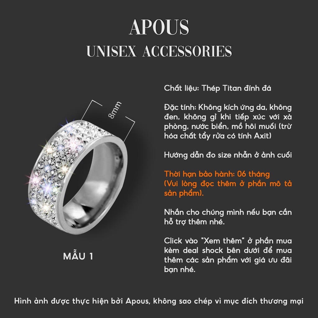 Nhẫn nam nữ Trendy Đính Đá Bling Ring - Thép không gỉ - Phụ kiện trang sức Unisex Apous
