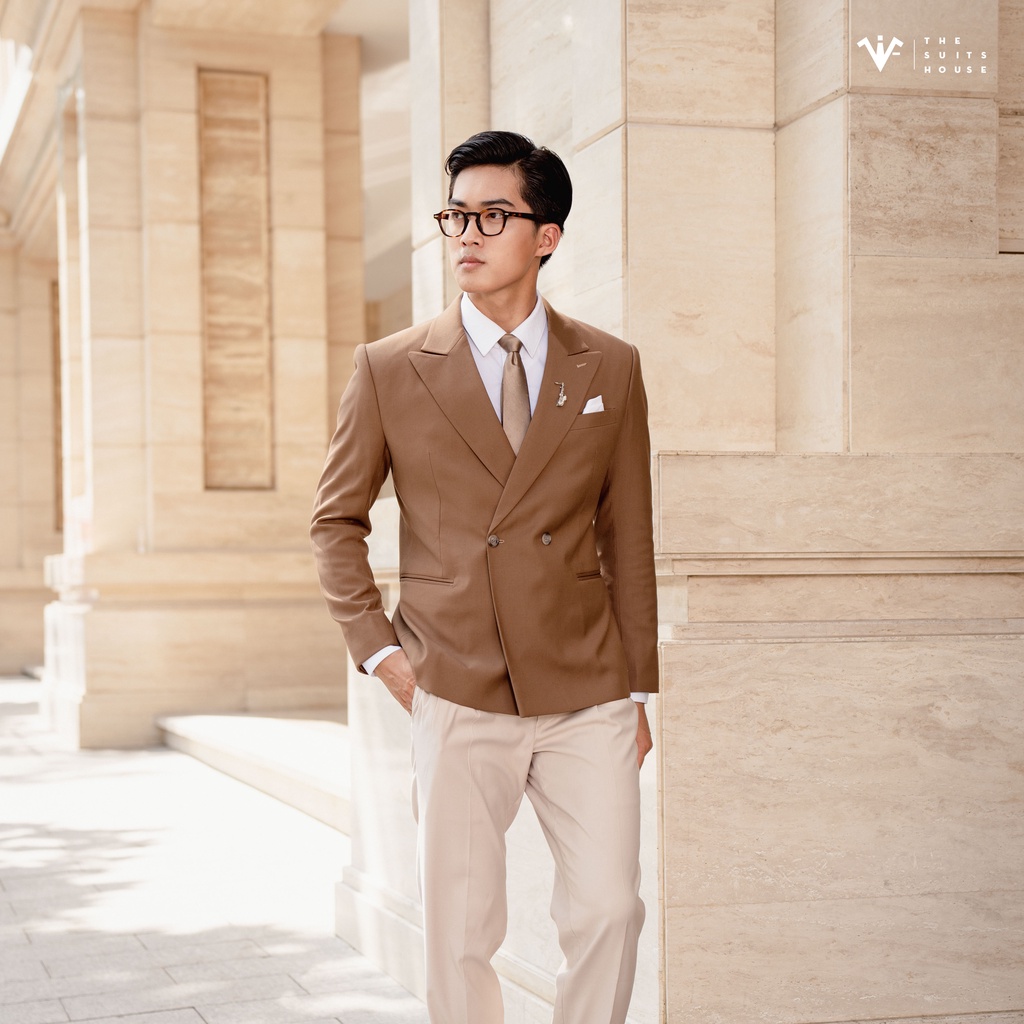 Bộ vest nam nâu phối trắng kem, suits sartorial, chuẩn form The Suits House