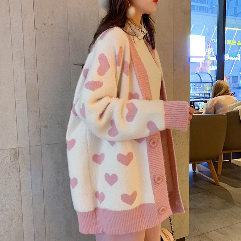 Áo Len Khoác cardigan Dệt Kim Dáng Rộng Hình Trái Tim Xinh Xắn Cho Nữ