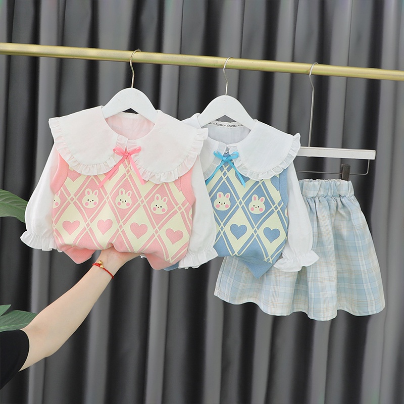 Bộ Áo Sơ Mi + Chân Váy Ca Rô Xinh Xắn Theo Phong Cách Mùa Thu Dành Cho Bé Gái