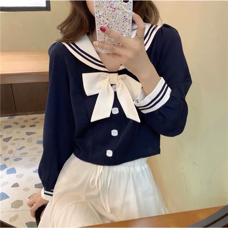 Áo thuỷ thủ dáng croptop tay dài cực xinh, hình chụp thật