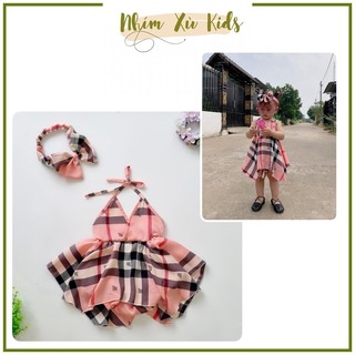 Body Váy Yếm Hoạ Tiết Sọc Hồng Cho Bé Gái 3 Đến 12kg, Bodysuit Chất Lụa Mango Mềm Mát Bé Gái [A463]