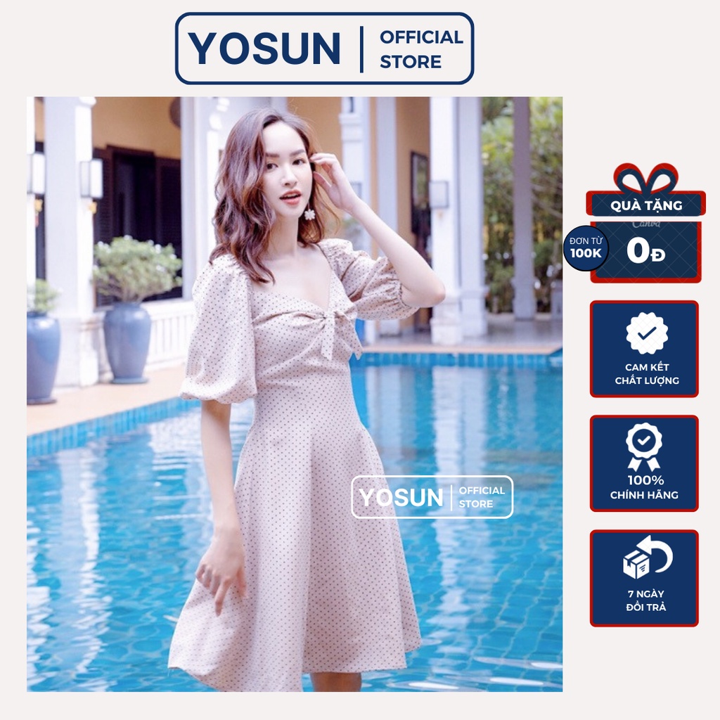 Đầm Nữ Đi Du Lịch Cổ Tim Thắt Nơ Ngực Tay Lỡ Bo Trẻ Trung, Đầm Nữ Form Ngắn Xòe Màu Trắng Chấm Bi