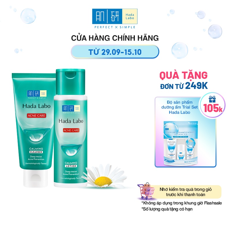 Bộ sản phẩm cho da mụn/nhạy cảm Hada Labo Acne Care Calming(Kem rửa mặt 80g+Dung dịch dưỡng 170ml) +Tặng Balo túi rút