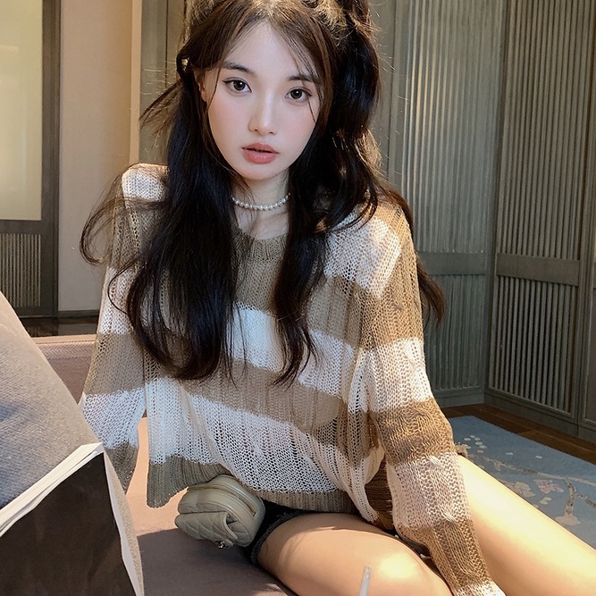 【ZHELIHANGFEI】Áo Dệt Kim Tay Dài Lưng Cao Kẻ Sọc Cá Tính Quyến Rũ Cho Nữ