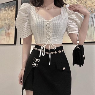 THE FANCE | Áo croptop tay phồng cúp ngực đan dây vải voan có lót SLING CHEERS