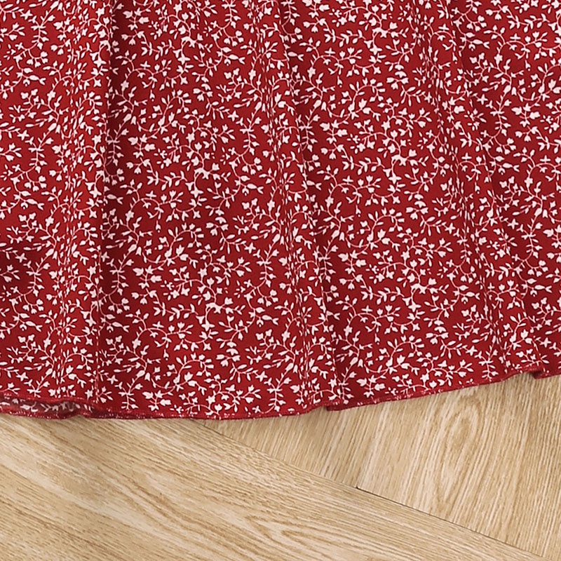 Đầm SIYYIS phối bèo hở vai in hoa màu đỏ phong cách Hàn Quốc thời trang dành cho bé gái 8-14 tuổi