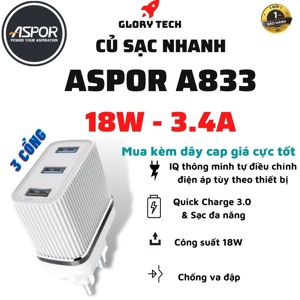 ⚡️3 Cổng 3.4A⚡️Củ sạc nhanh ASPOR A833 3 Cồng 3.4A - Chip IQ điều chỉnh dòng cho từng thiết bị - Tự ngắt an toàn