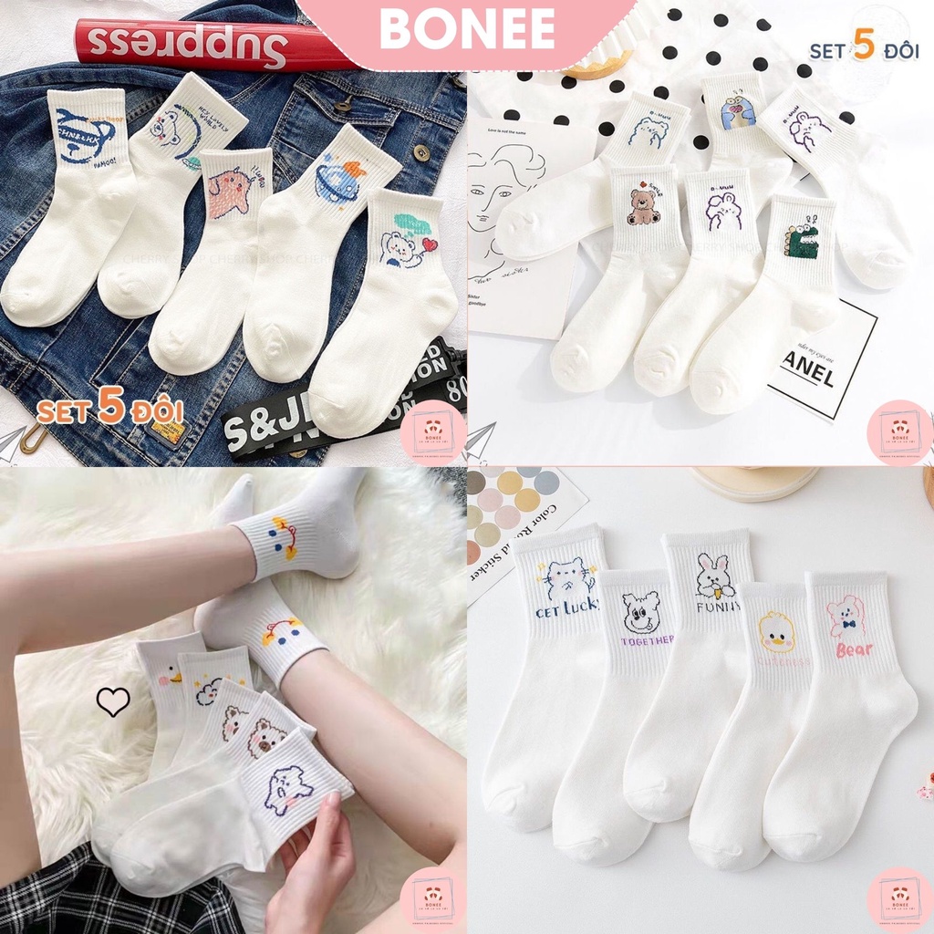 Set 5 đôi tất cổ cao nữ dệt kim co giãn , vớ cao cổ nữ vintage dễ thương BONEE ( T16 )