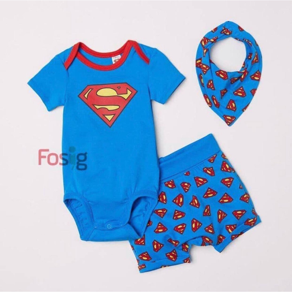 Set 3 Món Bodysuit Kèm Quần Và Yếm Cổ HM - Xanh Super