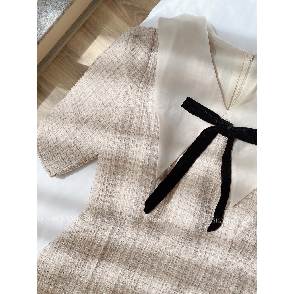 Váy dạ cổ phối voan đính nơ màu be Maya Dress