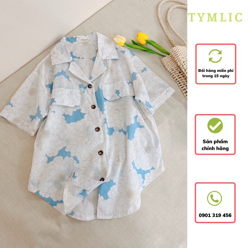 Áo Sơ Mi Thô Cổ Pijama Màu Hoa Trắng Xanh TYMLIC