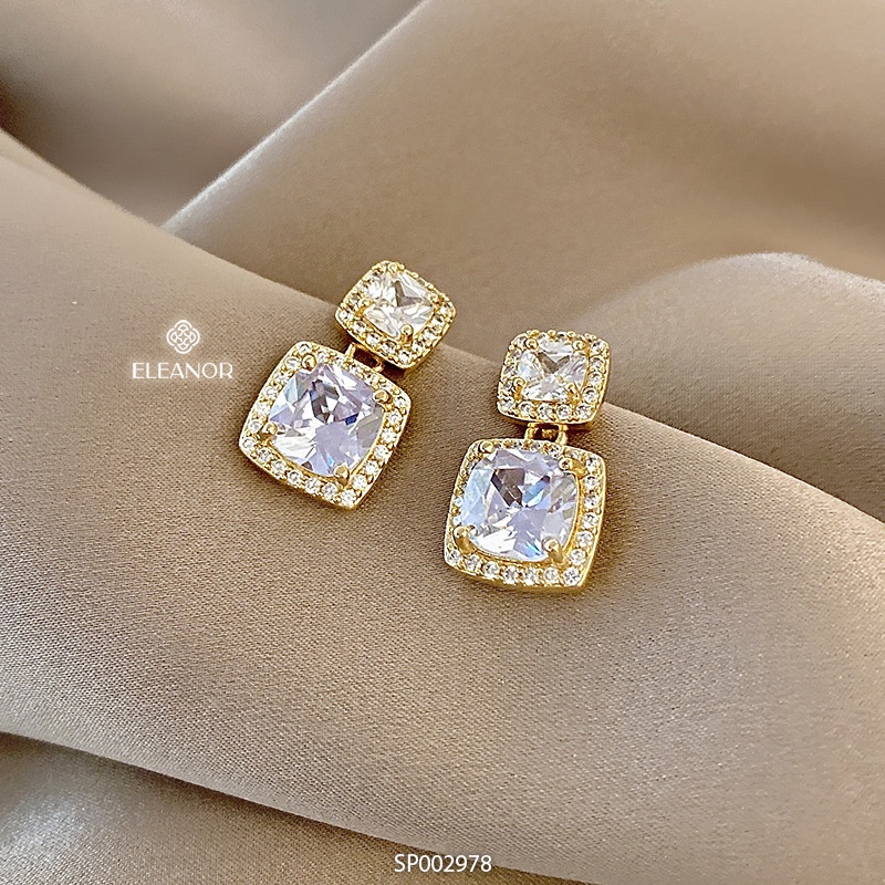 Bông tai nữ chuôi bạc 925 Eleanor Accessories hình vuông đính đá phụ kiện trang sức 2978