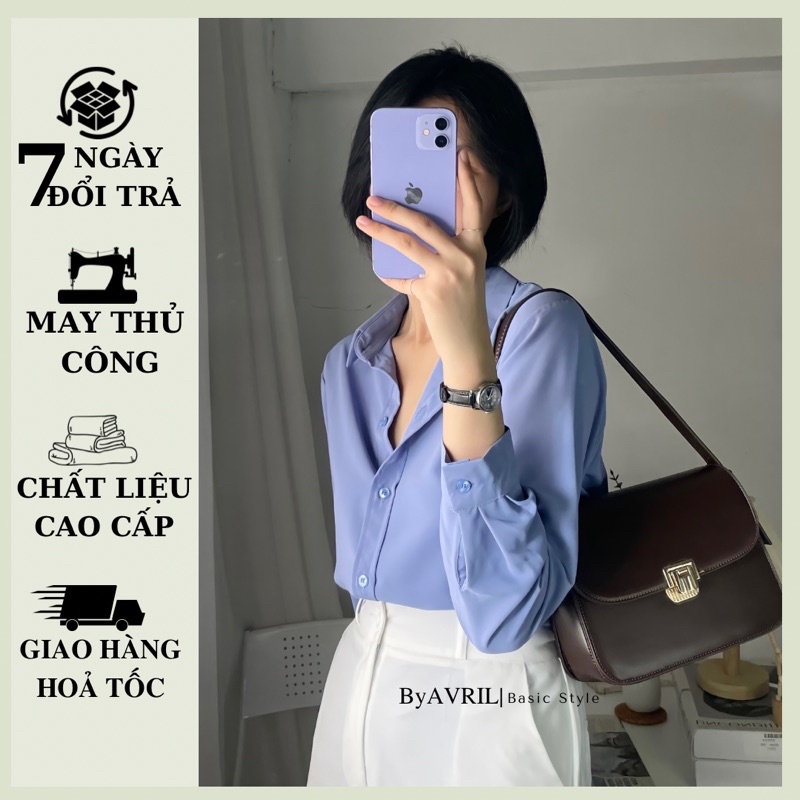 Áo sơ mi nữ công sở màu xanh dài tay form rộng chất mát mịn không nhăn AAS442
