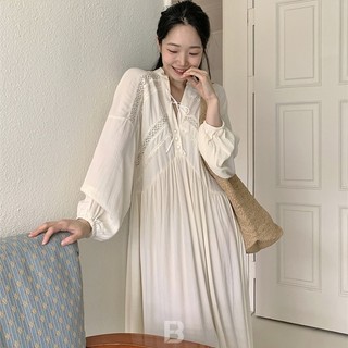 Đầm cổ v tay dài phối ren váy suông dáng dài thời trang thanh lịch hàn quốc