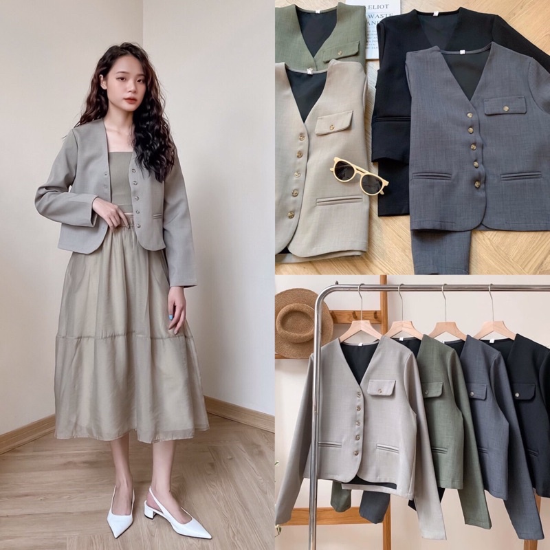 Áo khoác blazer nữ dài tay 5 khuy dọc nắp túi ngực 76a41 by germe