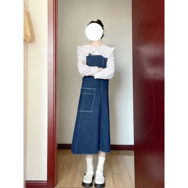 Váy yếm jean hai dây denim mặc 2 kiểu đa năng đeo chéo áo sơ mi cổ búp bê