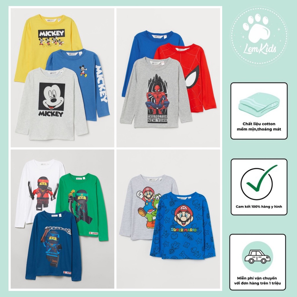 ÁO BÉ TRAI Áo HM Dài Tay Cotton In Hình Mario/Mickey/Ninjago/Spider Man 25076