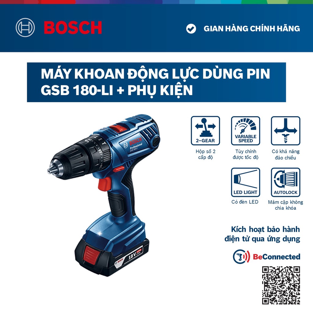 Máy khoan vặn vít động lực dùng pin cầm tay Bosch GSB 180-LI + phụ kiện MỚI