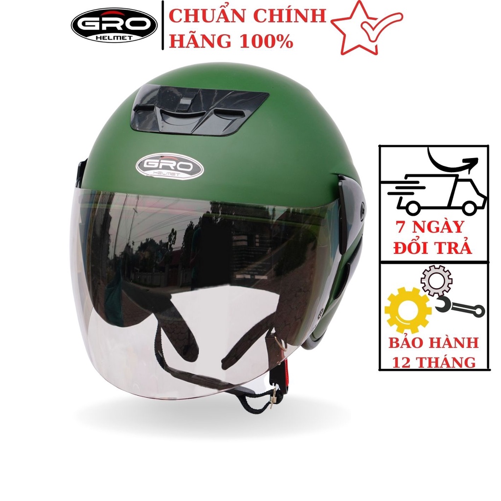 Mũ Bảo Hiểm 3/4 đầu Gro V2, dáng Honda cho nam và nữ, khóa kim loại chắc chắn - Xanh Lục Quân