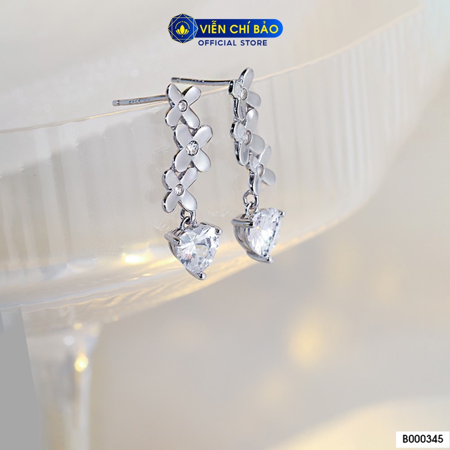 Khuyên tai bạc nữ dải hoa đá trái tim chất liệu bạc 925 thời trang phụ kiện trang sức nữ Viễn Chí Bảo B000345