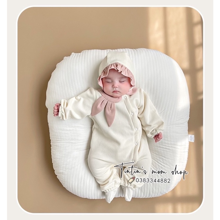 Sét body tiểu thư đầy tháng thôi nôi thun gân lót bông cổ tai thỏ kèm mũ cho bé gái