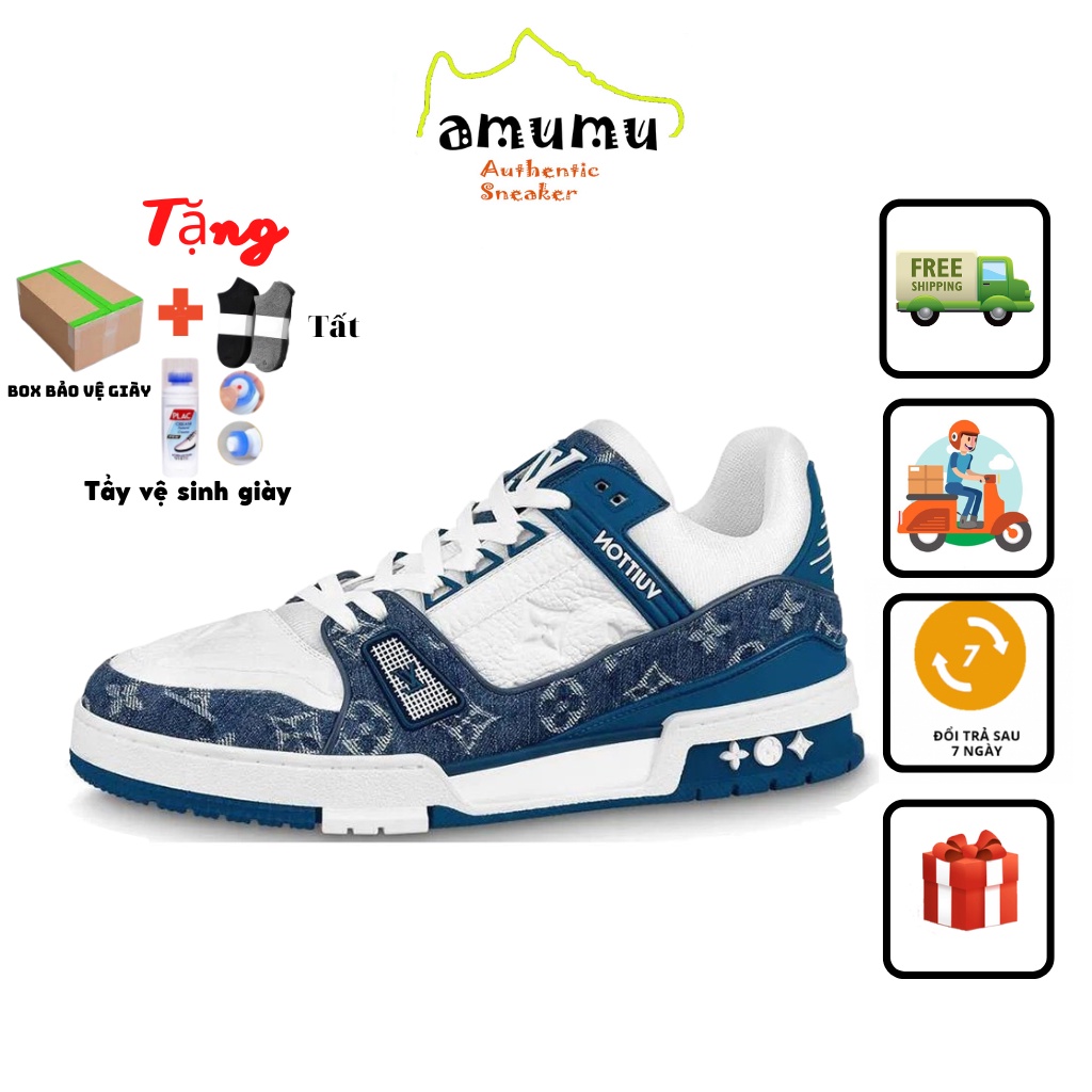 Giày LV trainer, Giày sneaker LV luôn vui tươi xanh bò phối đồ nam nữ hot trend 2022 Full Box