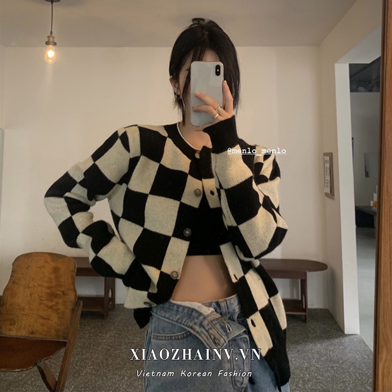 Xiaozhainv Áo Khoác Cardigan Dệt Kim Tay Dài Dáng Rộng Phối Hàng Nút Họa Tiết Sọc Caro Thời Trang Hàn Quốc Cho Nữ