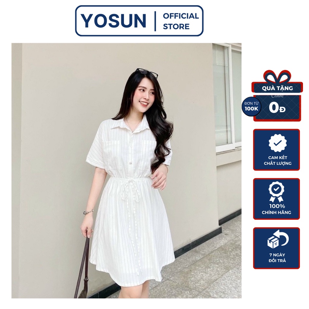 Đầm Công Sở Dáng Ngắn Cổ Sơ Mi 2 Túi Xinh Xắn, Đầm Tay Ngắn Nút Trước Cột Nơ Sang Chảnh Màu Trắng Sọc Đen