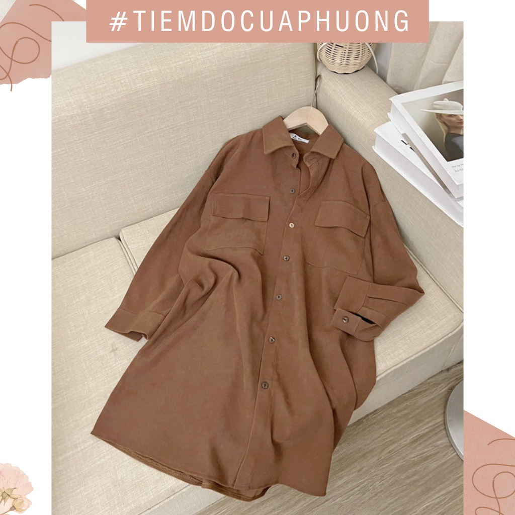 Váy đầm sơ mi dài tay chất nhung tăm dày dặn dáng rộng