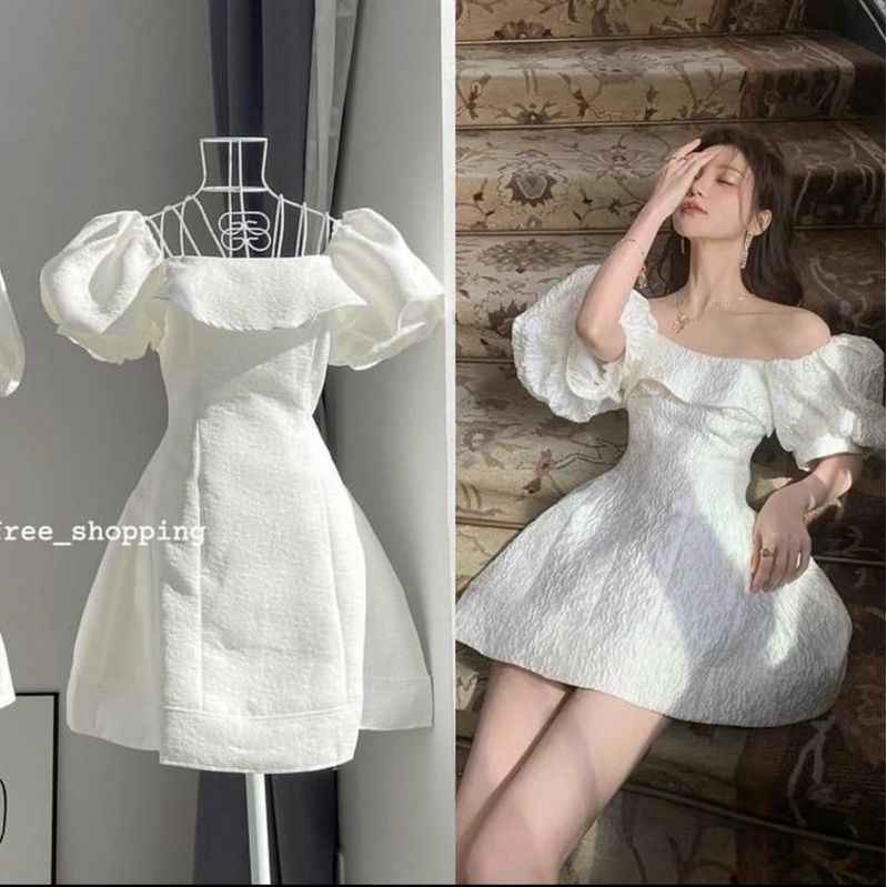Đầm Váy Công Chúa Trễ Vai Tay Phồng Dáng Ngắn Vải Xốp 2 Lớp Chít Eo Mặc Đi Chơi,Đi Tiệc, Đám Cưới(Hình thật) D063