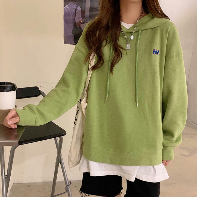 Áo hoodie SUXI thể thao dáng rộng màu sắc đơn giản cho nữ