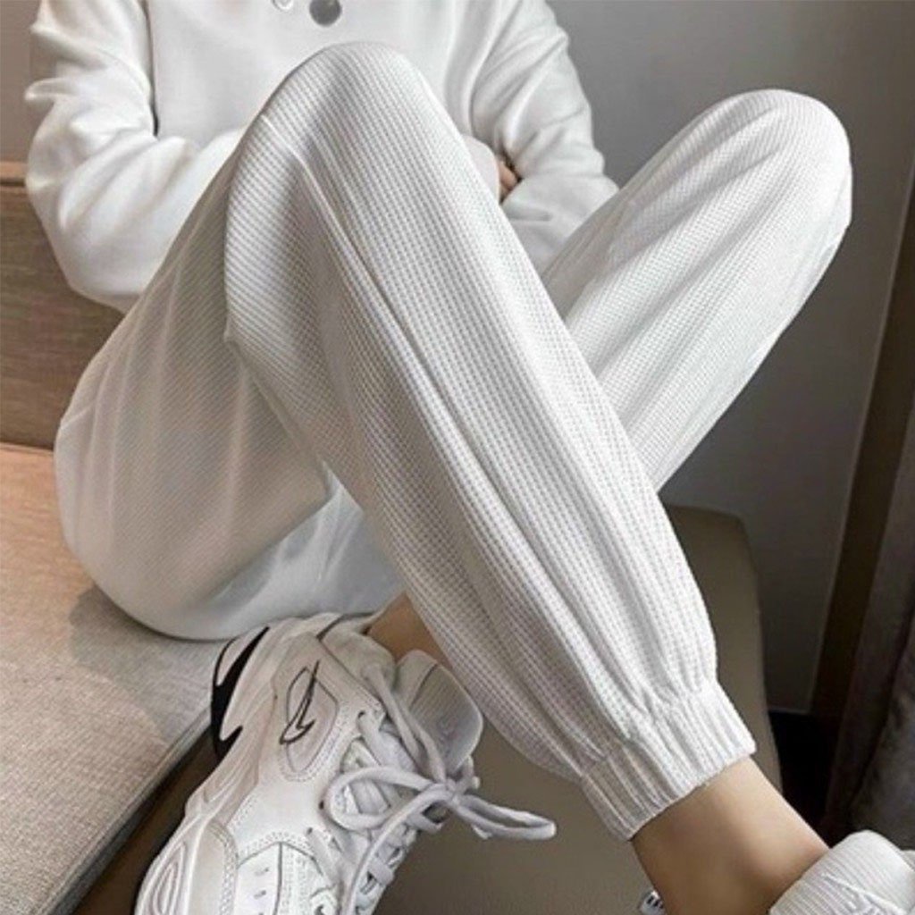 Quần Cạp Chun Chất Xốp Tổ Ong Đen Trắng - Quần Thể Thao Unisex Dày Dặn Phong Cách Ulzzang