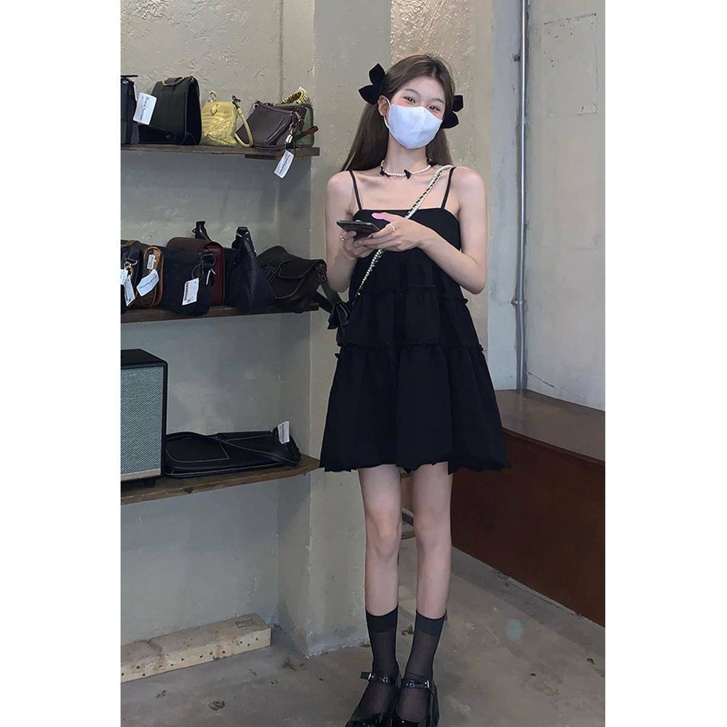 Váy babydoll Đầm Ngắn Hai Dây Màu Đen Thời Trang Mùa Hè 2021 Dành Cho Nữ