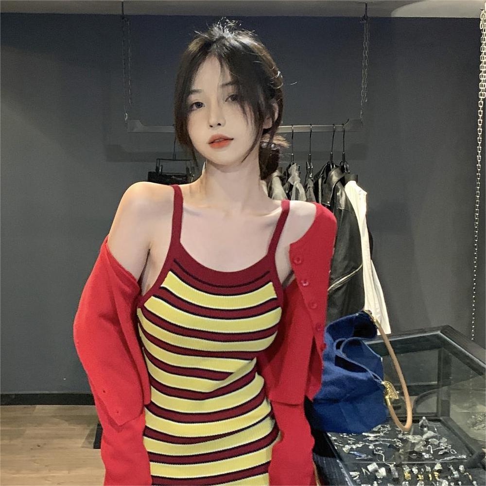 ZHELIHANGFEI Set Áo Cardigan Dệt Kim Dài Tay Và Đầm Hai Dây Họa Tiết Kẻ Sọc Phong Cách Quyến Rũ