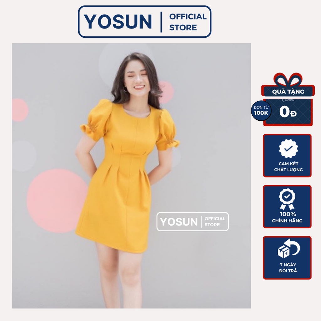 Đầm Nữ Đi Tiệc Cổ Tròn Tay Nhúng Thắt Nơ Sau Eo Quý Phái, Đầm Nữ Xếp Li Form Ngắn Màu Vàng Đen Đỏ Hồng