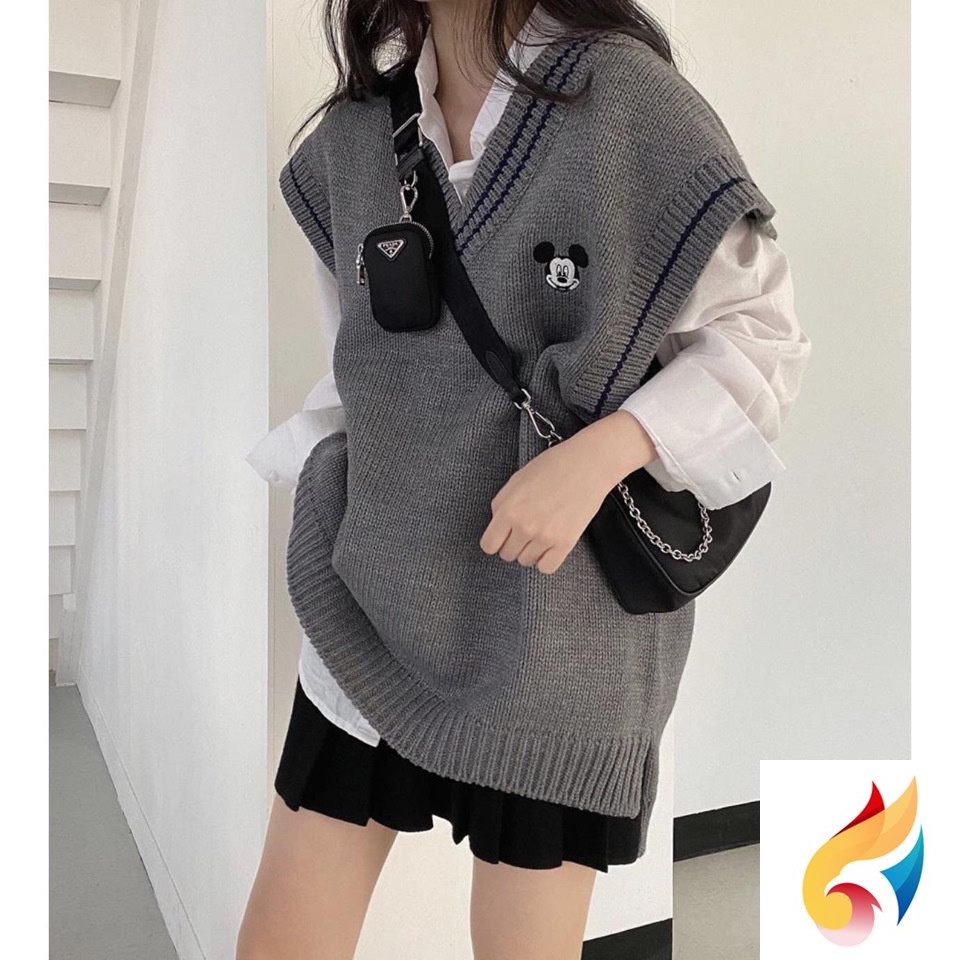 Set Áo Len Không Tay + Áo Khoác In Hình Chuột Mickey Thời Trang Thu Đông Phong Cách Hàn Quốc Mới Cho Nữ