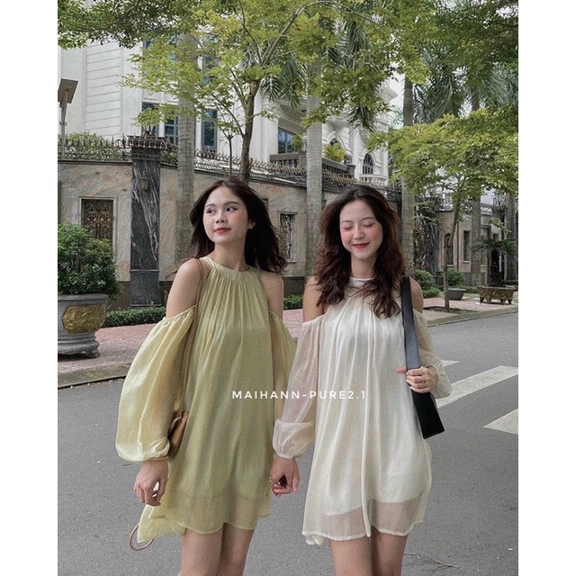 Váy yếm babydoll tay dài chất tơ lụa óng 2 lớp /Shyncloset
