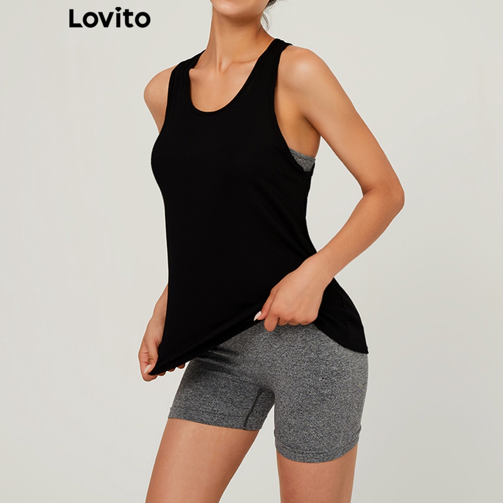 Áo thể thao Lovito trơn cắt lỗ bắt chéo cổ chữ U L03073 (màu đen)