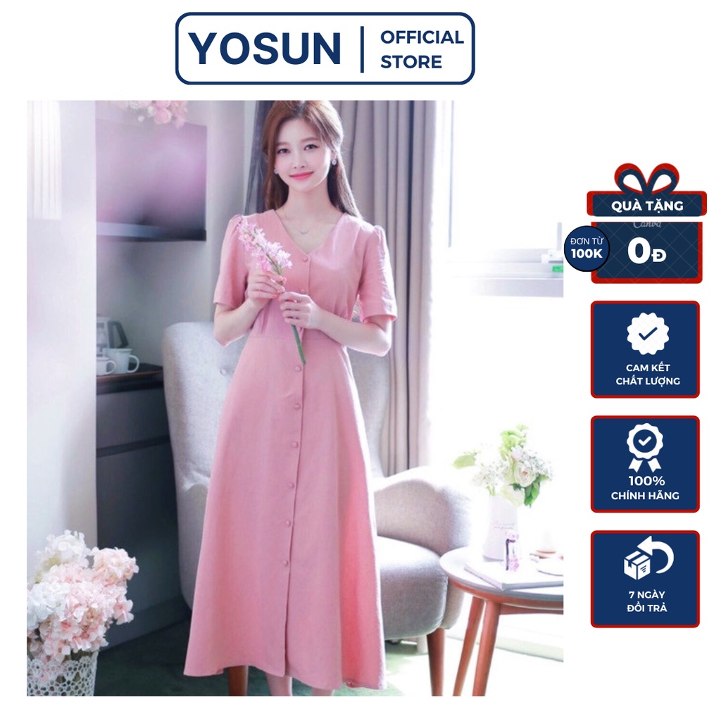 Đầm Dạo Phố Dáng Dài Nút Bọc Cột Nơ Xinh Xẻo, Đầm Tay Ngắn Cổ V Sang Chảnh Màu Hồng