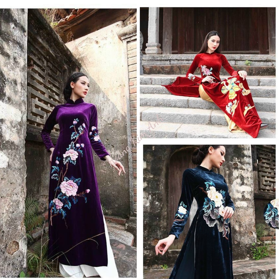 ÁO DÀI NHUNG CHO MẸ HÀNG CAO CẤP THÊU TAY TRUYỀN THỐNG HÀNG THIẾT KẾ CHO BÀ SUI, ĐI DỰ TIỆC CƯỚI MÀU ĐỎ, TÍM, XCV